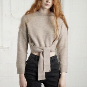 NATIVE YOUTH OATMEAL CROP TIE FRONT SWEATER